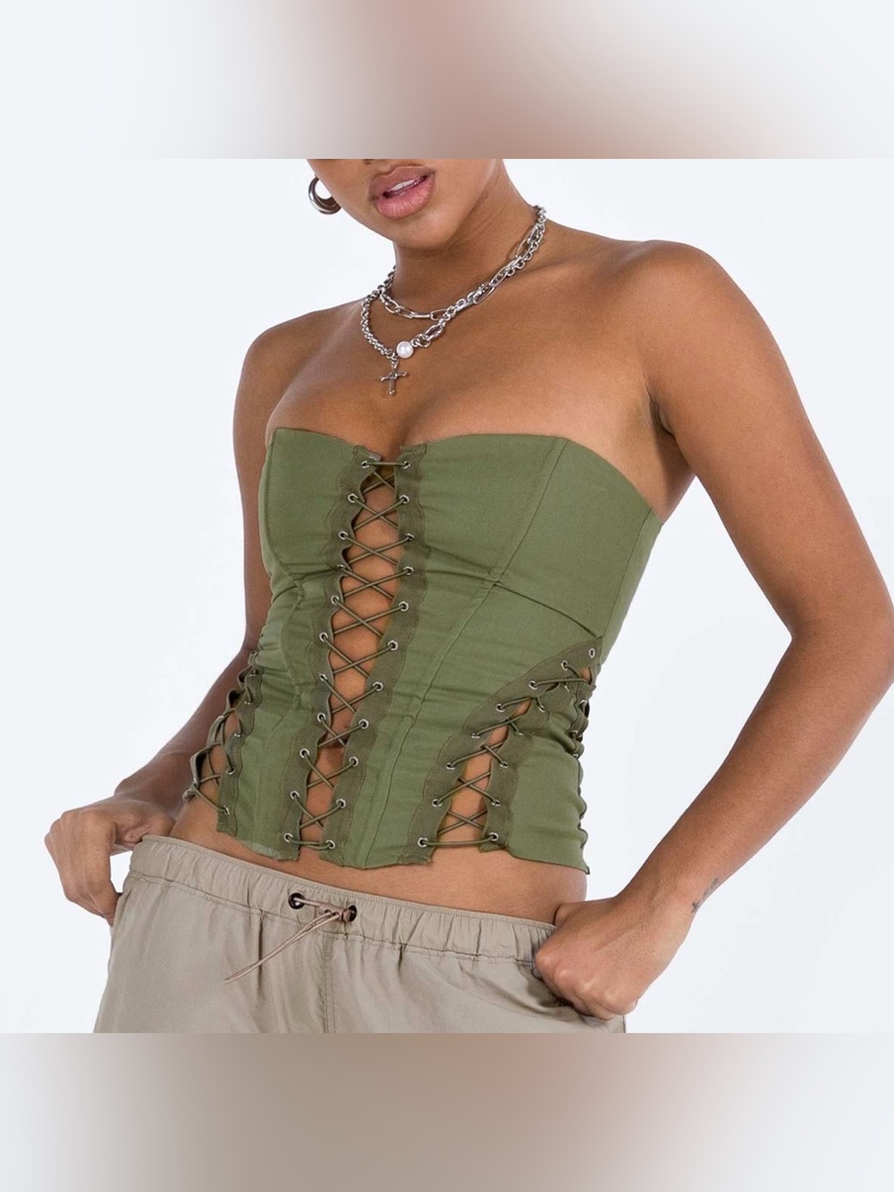 Princess Polly Olive Lace-Up Strapless Corset Top